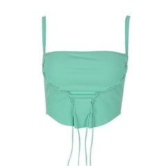 Lace up ribbed square neck backless ribbon solid cami top