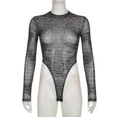 Long sleeve letter print sheer mesh see through crewneck bodysuit