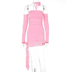 Long sleeve off shoulder flower applique ruffle ruched mini dress