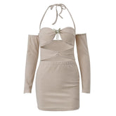 Hollow out halter solid long sleeve backless butterfly applique mini dress