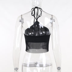 Solid halter mesh patchwork self tie backless crop top