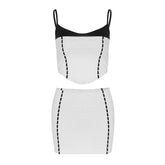 U neck contrast backless stitch mini skirt set