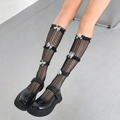Gauze striped butterfly applique knee high socks