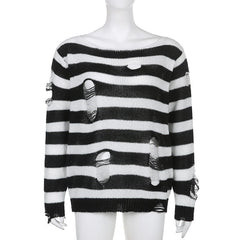 Crochet hollow out long sleeve striped top - Final Sale