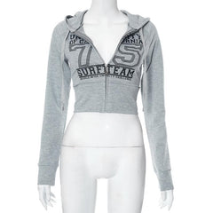Hoodie zip-up "75" pattern contrast long sleeve crop top