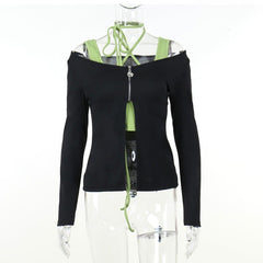 Slit cross back long sleeve zip-up self tie 2 piece top