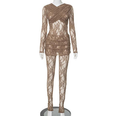 Long sleeve ruched lace zip-up see through 2 piece jumpsuit