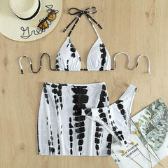 Tie dye contrast self tie halter backless mini skirt 3 piece swimwear