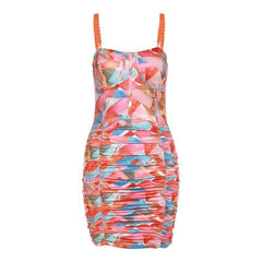 Chain strap ruched print bodycon dress