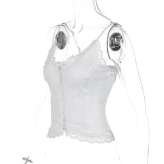 Lace solid button v neck backless cami crop top