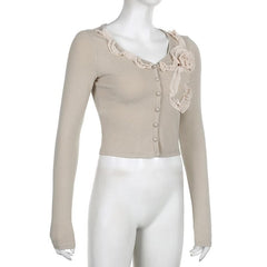 Flower applique ruffle contrast long sleeve button top
