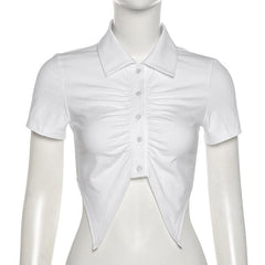 Turnover collar buttoned solid crop top
