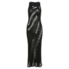 Crochet solid hollow out sleeveless irregular maxi dress