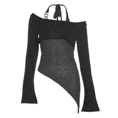 Long sleeve contrast halter o ring self tie irregular 2 piece crop top
