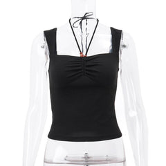 Halter sleeveless solid ruched beaded top