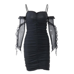Solid ruched backless ruffle mesh mini dress