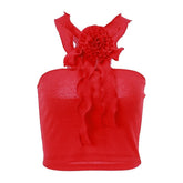 Ribbed flower applique solid backless halter 2-way crop top