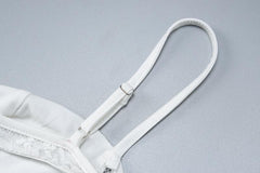 Tassels low cut see through lace solid backless cami mini dress