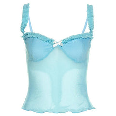 Sweetheart neck mesh bowknot backless ruffle lace hem cami top