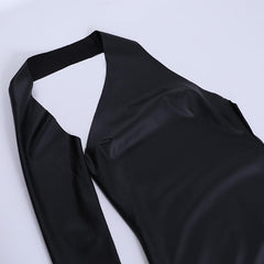 Gloves solid PU leather irregular one shoulder slit midi dress