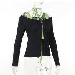 Slit cross back long sleeve zip-up self tie 2 piece top