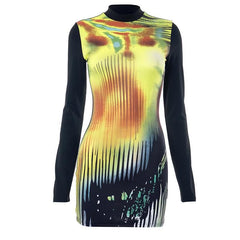 Contrast print long sleeve high neck patchwork mini dress
