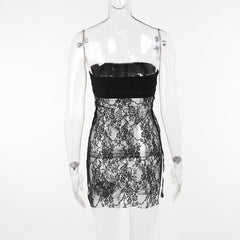 Lace see through solid slit backless tube dress - Final Sale