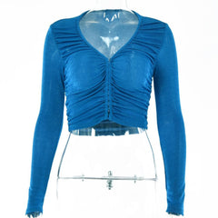 Solid long sleeve v neck ruched button crop top