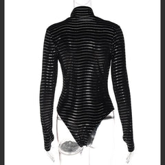 Textured striped long sleeve gloves high neck bodysuit