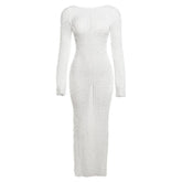 Textured slit ruffle long sleeve solid crewneck maxi dress