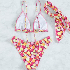 Contrast print self tie backless 3 piece swimwear