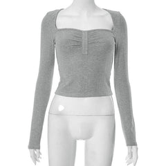 Square neck solid long sleeve ruched top