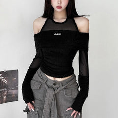 Fluffy metal tag mesh patchwork halter long sleeve top