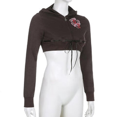 Long sleeve contrast embroidery zip-up hoodie self tie crop top