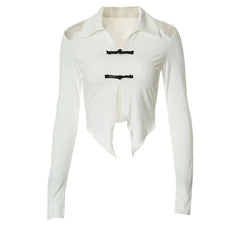 Textured button off shoulder turnover collar long sleeve crop top