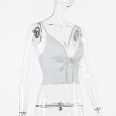 V neck lace hem backless bowknot ribbon crop cami top