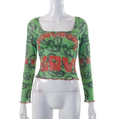 Long sleeve sheer mesh see through ruffle contrast print crop top