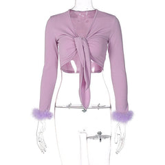 Feather knotted mesh see through long sleeve crop top