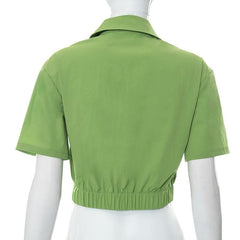 O ring solid turnover collar short sleeve ruched crop top