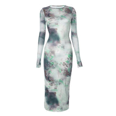 Long sleeve crewneck tie dye mesh gloves contrast midi dress