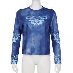 Butterfly pattern long sleeve tie dye crewneck top