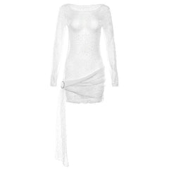 Textured see through o ring irregular long sleeve ruched mini dress