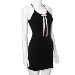 Bowknot ribbon lace hem u neck cross back backless cami mini dress