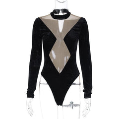 Long sleeve velvet high neck mesh patchwork button bodysuit