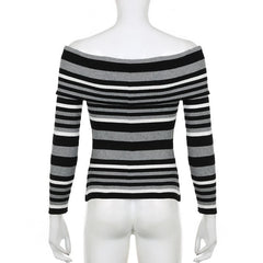 Striped contrast off shoulder long sleeve knitted top
