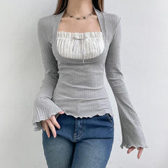 Ruched patchwork contrast long sleeve ruffle top