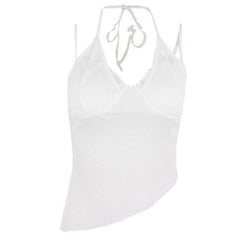 Waffle halter self tie irregular solid cami crop top