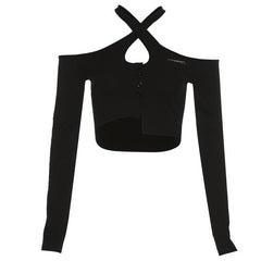 Cross front hollow out off shoulder button long sleeve crop top