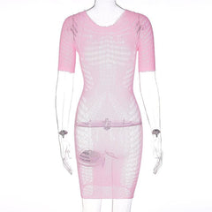 Fishnet hollow out lace up short sleeve solid mini dress