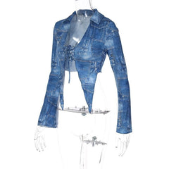 Denim print turnover collar long sleeve lace up crop top